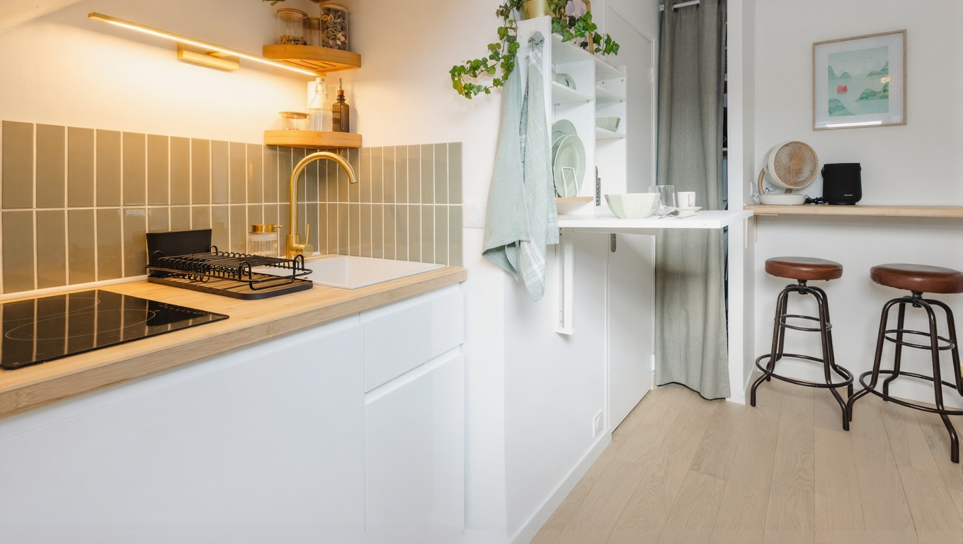 Cuisine, tabourets et coin bureau avec ventilateur